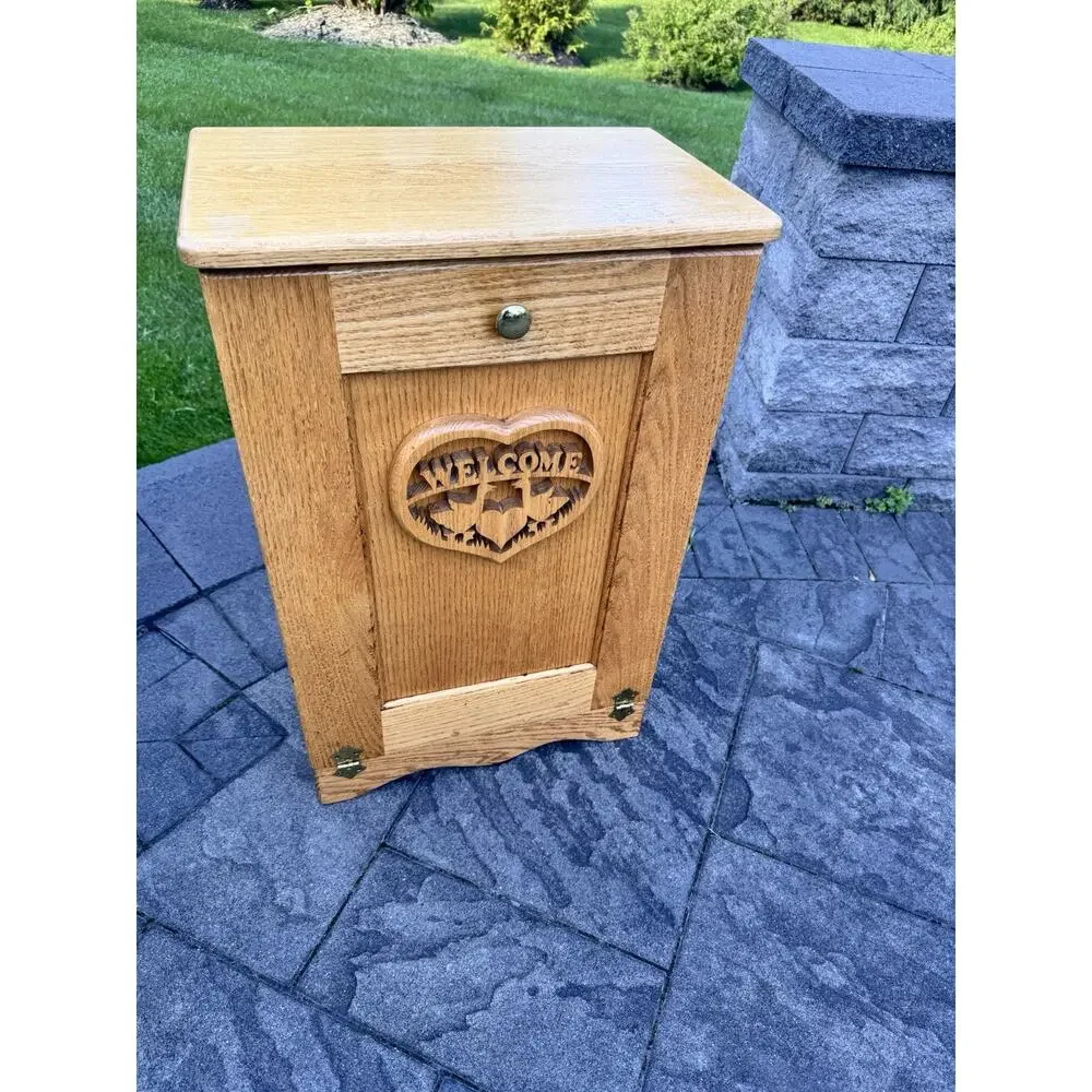 VTG Large Solid Oak Wood Hand Carved Laundry Hamper /Waste Bin H30.5xW20xD12.5”
